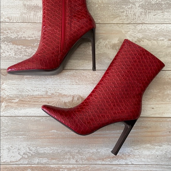 Red Patent Leather Square Toe High Heel Boots - Picture 9 of 13